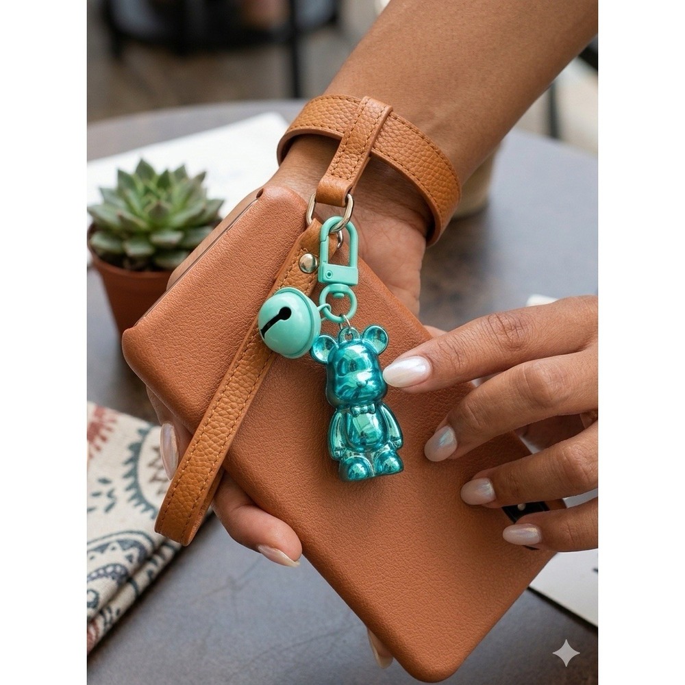 Cute Teal Translucent Bear Keychain with Matching Bell Charm Bag Pendant‎